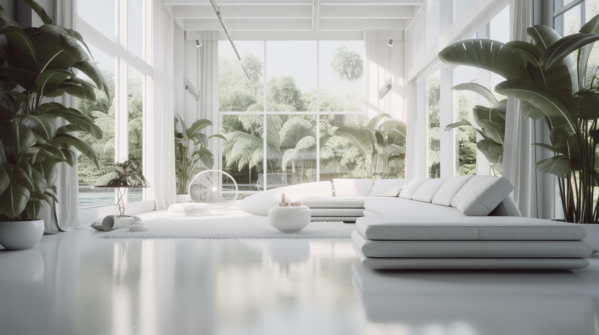 Futurystyczne białe minimalistyczne wnętrze salonu, luksusowe wnętrze