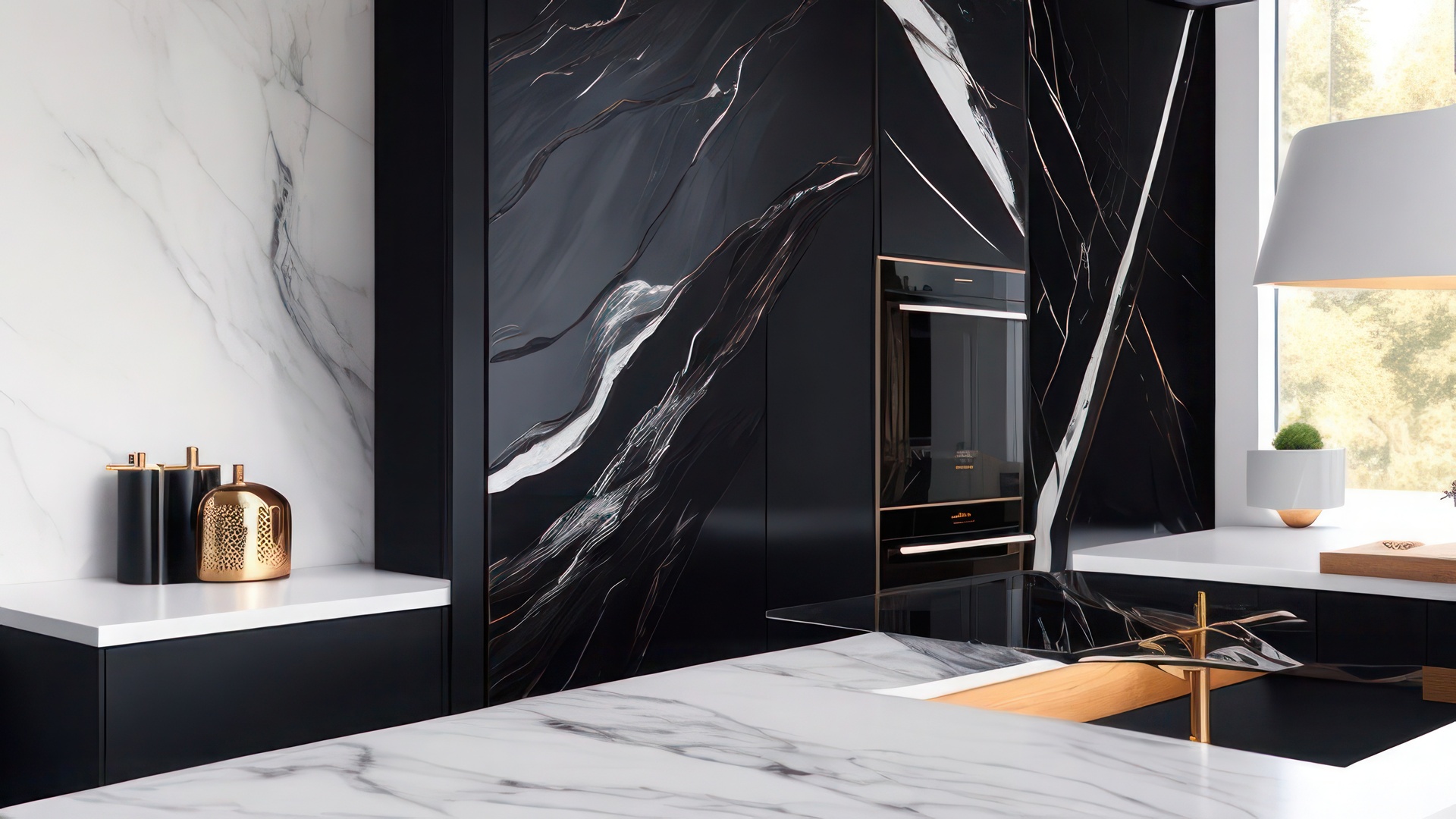Zbliżenie nowoczesnego wnętrza kuchni z czarno-białą marmurową podłogą