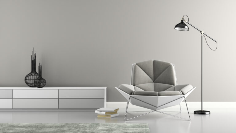 Część nowoczesnego wystroju wnętrza z unikatowym renderowaniem 3D szarego fotela